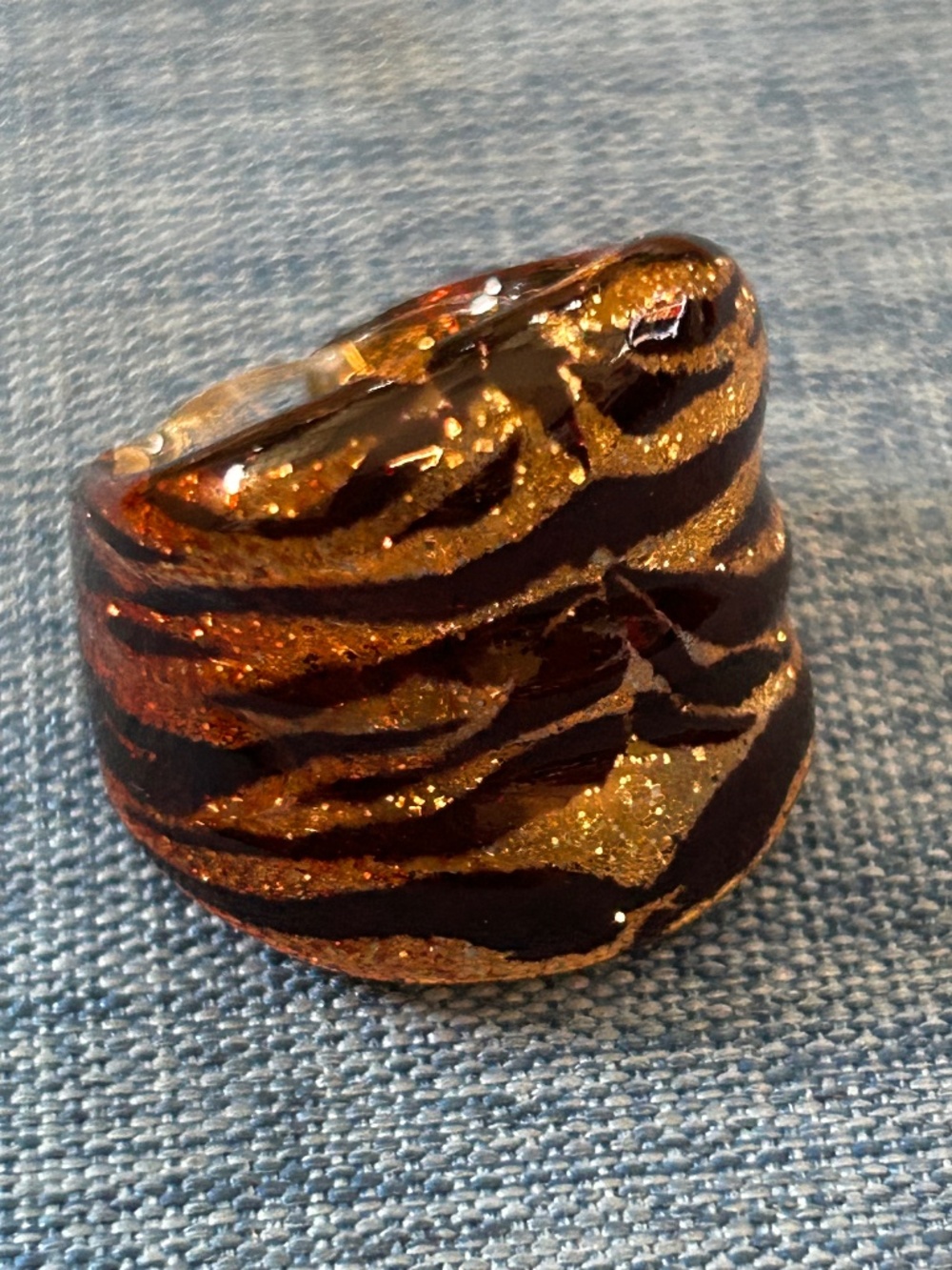 Vintage Murano Art Glass Statement Ring - Black & Gold Avventurina Tiger Stripe